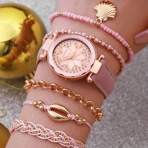 5 pc Ladies' Casual Leaf Full Rhinestone Quartz Wristwatch With Leather Strap
